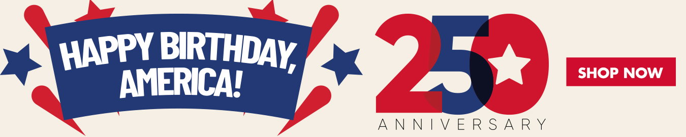 Happy Birthday America 250’ design celebrating the 250th anniversary of the United States, featuring red, white, and blue elements, stars, and festive graphics.