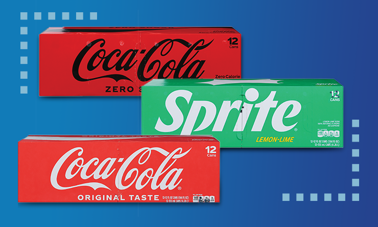 Coca-Cola branded beverage items displayed together, featuring recognizable red packaging, the Coca-Cola logo, and product labels.