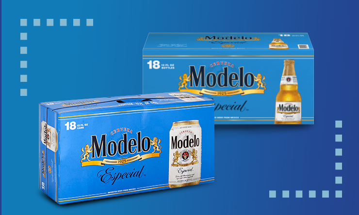 Modelo beer products displayed in their signature gold and white packaging, featuring the Modelo Especial branding and distinctive crest logo