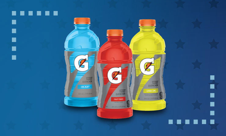 Three Gatorade sports drink bottles in blue, red, and yellow flavors displayed on a blue background with subtle star graphics.