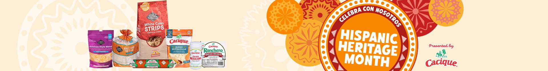 Hispanic Heritage-themed grocery promotion featuring a selection of traditional Hispanic and Latin American foods and beverages, celebrating the flavors, culture, and culinary traditions of Hispanic communities with colorful products and festive promotional imagery.”