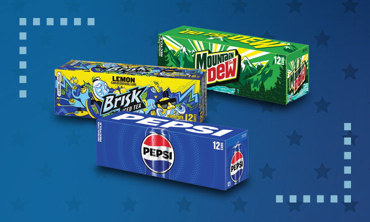 12-pack beverage boxes of Pepsi, Mountain Dew, and Brisk Lemon Iced Tea displayed on a blue background with subtle star graphics.