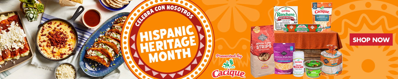 Hispanic Heritage-themed grocery promotion featuring a selection of traditional Hispanic and Latin American foods and beverages, celebrating the flavors, culture, and culinary traditions of Hispanic communities with colorful products and festive promotional imagery.”