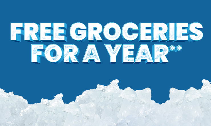 win free groceries for a year with ice and blue background