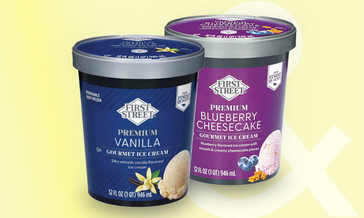 First Street ice cream container with flavor label on packaging