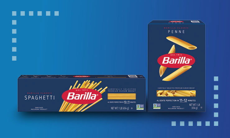 Barilla spaghetti in blue retail packaging”