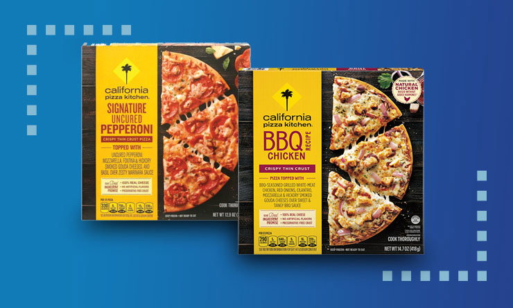 Cooked California Pizza Kitchen pizza topped with cheese and vegetables.