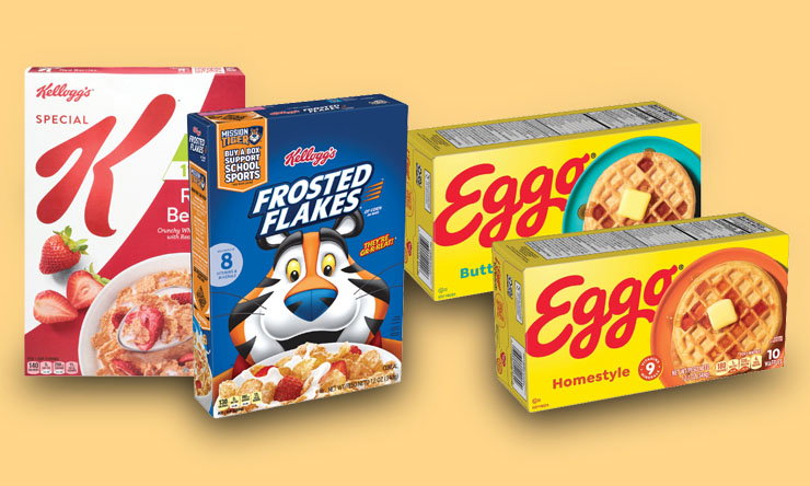 Boxes of Special K cereal and Frosted Flakes cereal displayed next to packages of Eggo waffles