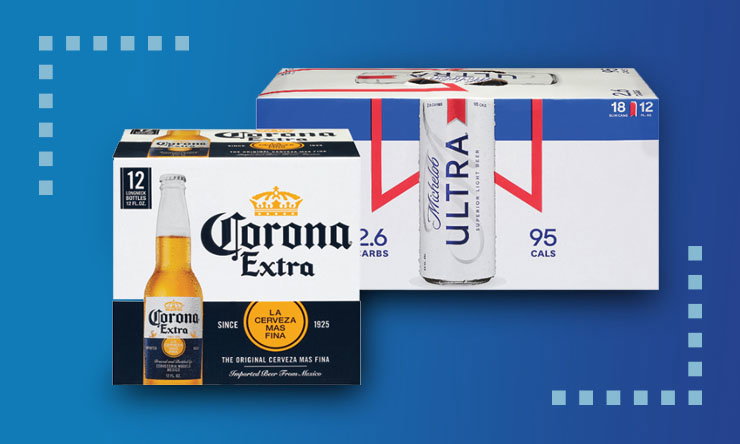 Bottles of Corona and Michelob Ultra displayed together.