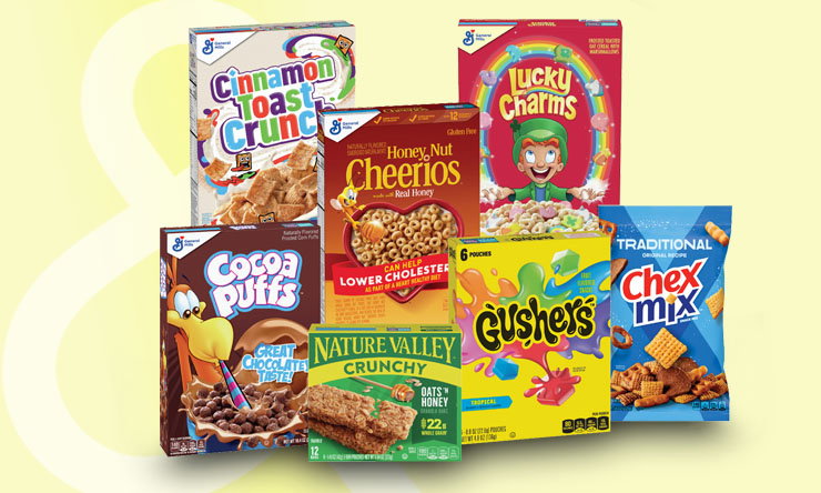 Assorted General Mills cereal and snack products featured in a grocery promotion