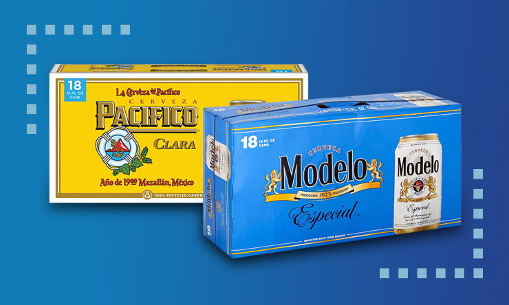 Modelo and Pacifico beer multipacks on sale in a weekly grocery promotion."