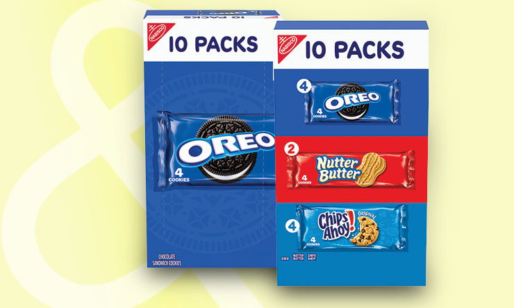 Oreo, Nutter Butter, and Chips Ahoy! cookie packages featured in a special grocery deal, offering assorted flavors for snacking and desserts.