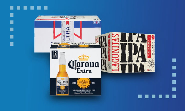 Corona beer displayed in signature branded packaging, featuring bottled and canned varieties available at a special price.