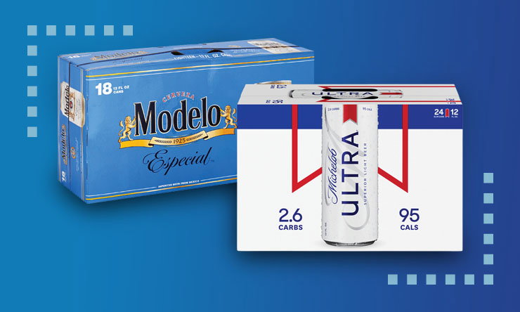 Modelo beer bottles and cans featuring the Modelo Especial logo and distinctive gold and white branded labels