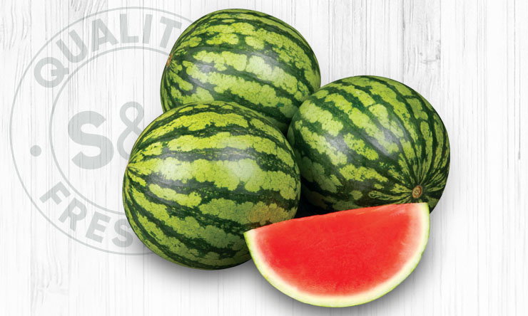 Fresh whole watermelon with a green striped rind, displayed as a grocery produce item