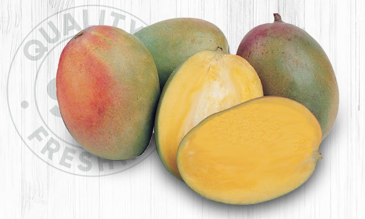 Fresh, ripe mangoes with smooth skin in shades of red, yellow, and green
