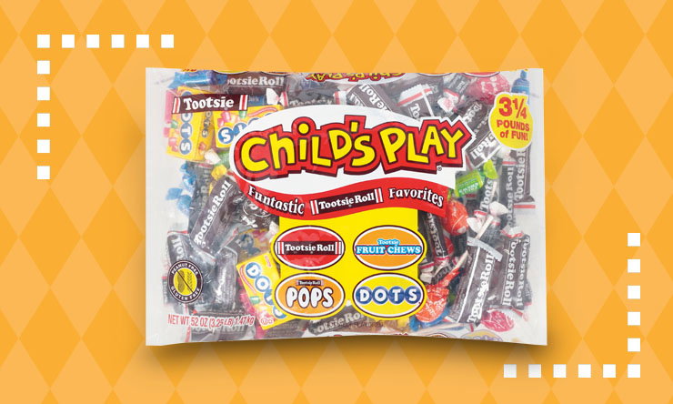 A Child’s Play candy bag filled with assorted colorful candies