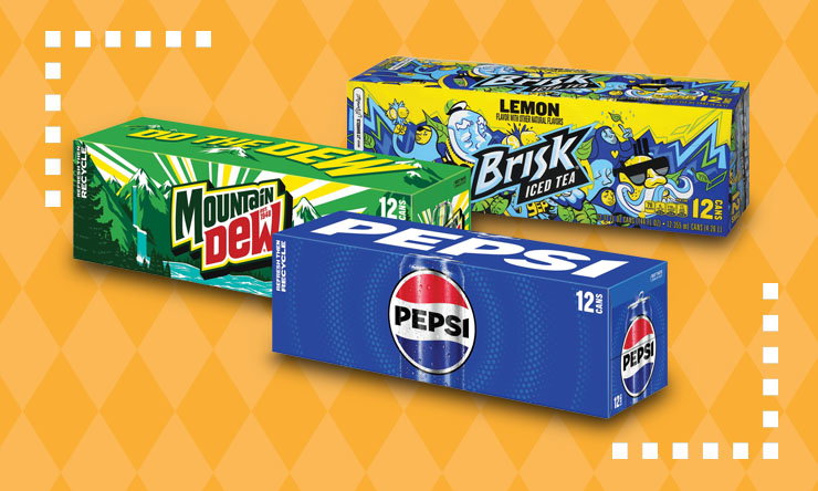 12-pack beverages featuring Pepsi, Mountain Dew, and Brisk