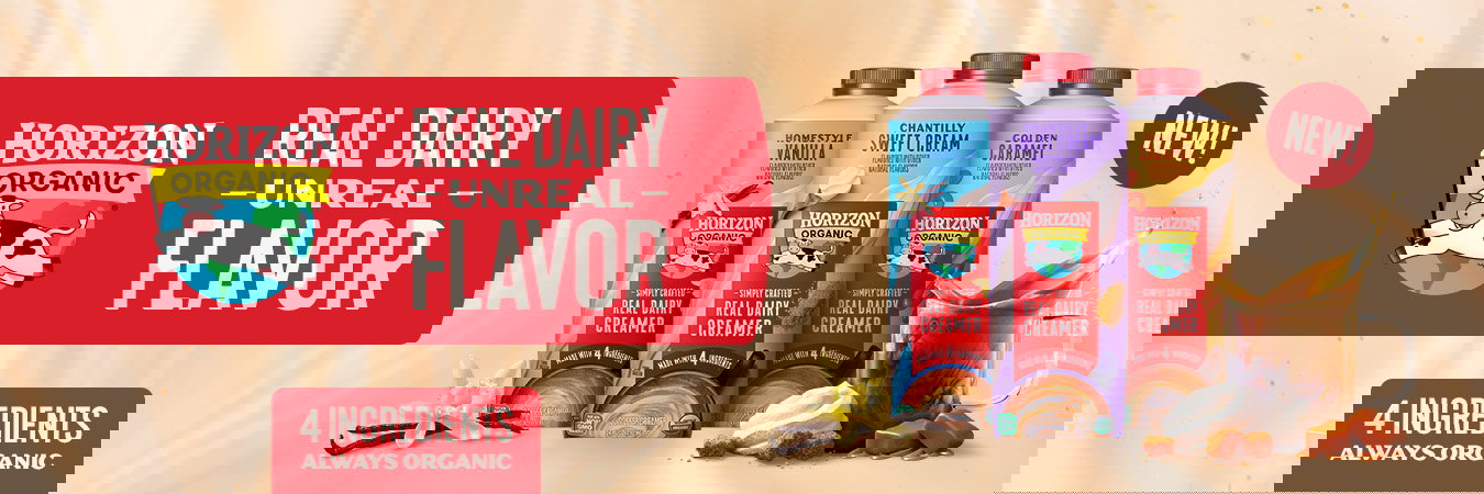 Horizon Organic milk carton featuring a red top, farm landscape illustration, and ‘Vitamin D Milk’ label”