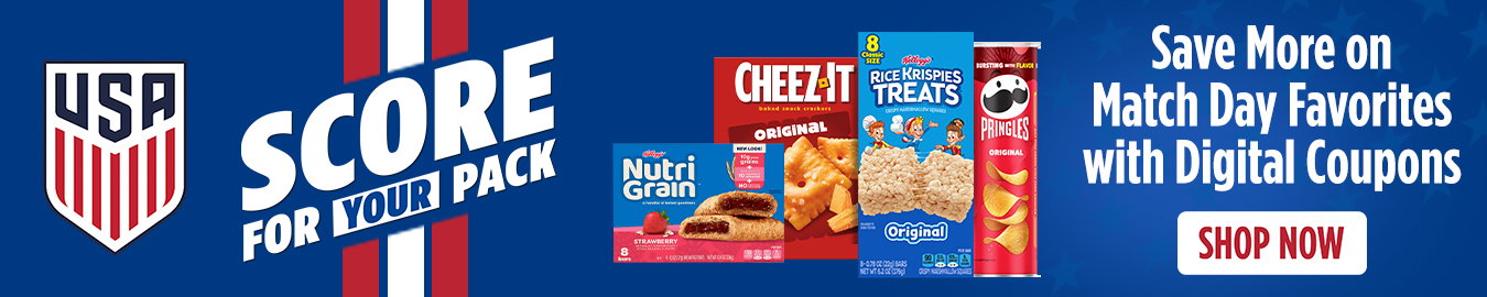 A Kellanova promotional display crate featuring the message “Score More on Match Day Favourites with Digital Coupons.” The display showcases a selection of popular snack products and highlights special digital coupon savings. Bold graphics and sports-themed imagery create an engaging, game-day shopping experience in a retail setting.