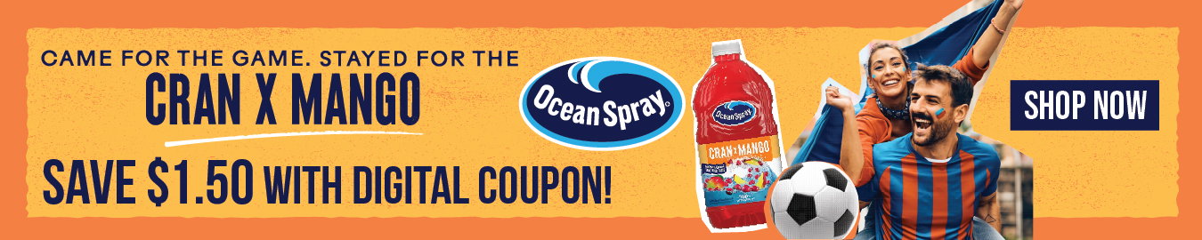 Bottle of Ocean Spray Cranberry Juice Cocktail displayed upright with fresh cranberry graphics on the label.