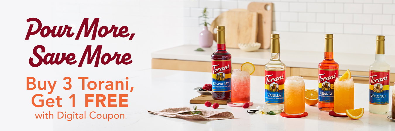 Torani flavored syrup products displayed in branded bottles, featuring the Torani logo, colorful labels, flavor names, and product information.”