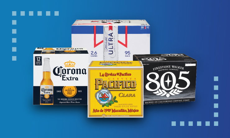 Assorted beer products featuring branded bottles and cans, displayed as a featured beverage selection.